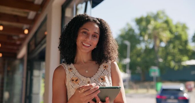 Manager, face of woman and tablet in cafe for small business welcome, seating plan or hospitality. Diner hostess, african person and happy with tech at entrance for digital menu and customer service
