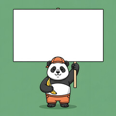 A cartoon panda wearing a cap and shorts holds a blank sign and a banana against a green background.