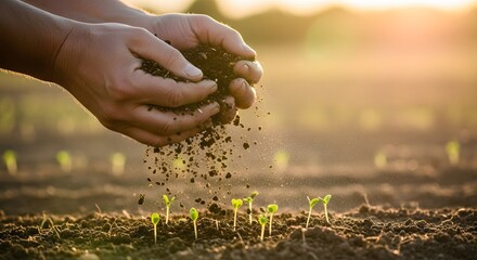 Nurturing the earth and providing care for new life. Sustainable farming, nature conservation, and environmental passion. Hands sifting soil onto small green sprouts in a vibrant field at sunset
