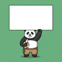 A cartoon panda holding a blank sign and a banana stands against a green background with its arm raised.