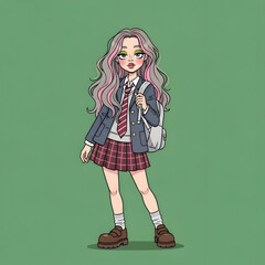 A young student with long, wavy hair and striking eye makeup stands with a backpack, wearing a school uniform ensemble.