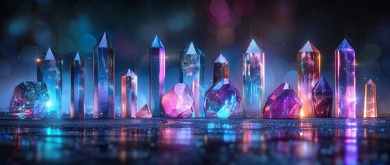 Colorful crystals reflecting light create a stunning display on a shiny surface during a mystical setting