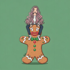 A smiling girl with pink-streaked hair sits atop a large gingerbread man, both on a plain green background.