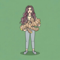 A woman with wavy hair holds a large ginger root against a plain green background.