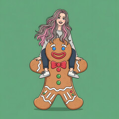 A smiling young woman with pink-streaked hair sits atop a large gingerbread man against a solid green background.