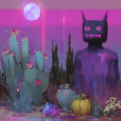 A dark, horned figure with glowing pink eyes stands amidst vibrant flowering cacti. A large pink moon illuminates the surreal desert landscape, featuring a crystal.
