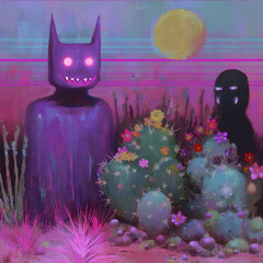 Two purple, humanoid figures stand in a desert landscape with cacti and a yellow moon under a pink and blue sky.