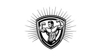 A black and white illustration of a muscular man flexing his biceps inside a shield emblem, with radiating lines behind it.
