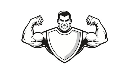 Muscular man flexing biceps with a shield emblem, illustrating strength and power.