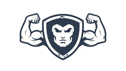 A strong muscular man's face is depicted within a shield, flanked by powerful flexed biceps, symbolizing strength and protection.