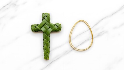 Palm Leaf Cross and Gold Egg Outline on Marble Background 