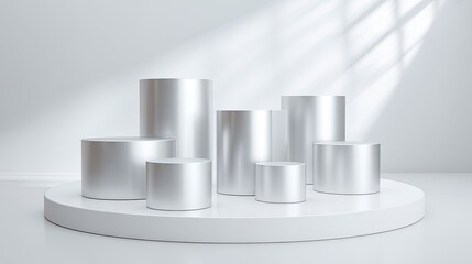 Modern Silver Cylindrical Podiums Display On White Platform