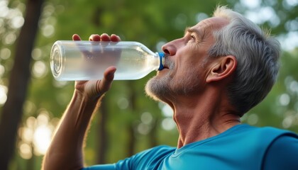 Elderly man drinking water in nature