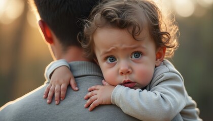 Child clinging to a parent with a worried expression