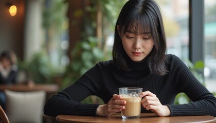 Contemplative woman enjoying iced coffee in a cozy café