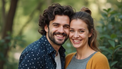 Naklejka premium Joyful couple sharing a warm smile in a lush green setting