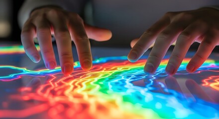 Fototapeta premium Interacting with a futuristic, colorful holographic touchscreen interface. Digital connection and user experience concept. Hands hovering over a dynamic, illuminated sound or data wave display.