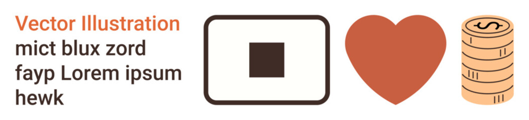 Business growth, financial planning, charity, digital systems, love for technology, modern design. Visuals include stacked coins, a heart symbol and a square. Financial planning and charity concepts