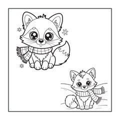 Whimsical Winter Fox: Adorable fox cub adorned with a cozy scarf and surrounded by playful snowflakes, captured in a delightful illustration that sparks imagination.