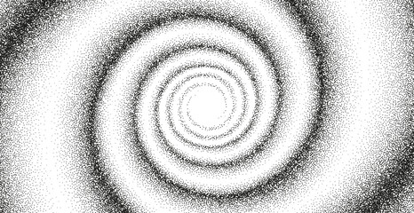 A dotted grainy gradient vortex flow. Vector gritty spirals with optical illusion. Tunnel with black stipple texture effect. Swirl of gritty pattern made by black points, particles with stipple effect