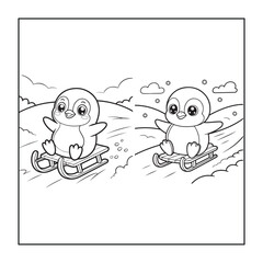 Penguin's Winter Sleigh Ride: Two adorable penguins experience the thrill of a snowy sleigh ride in a delightful, cheerful winter scene. Funny cartoon monsters holding a blank banner in a cute vector 