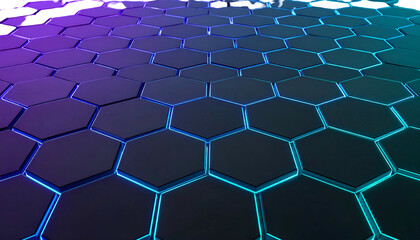 3D perspective of a hexagonal grid with a vibrant gradient of blue and purple