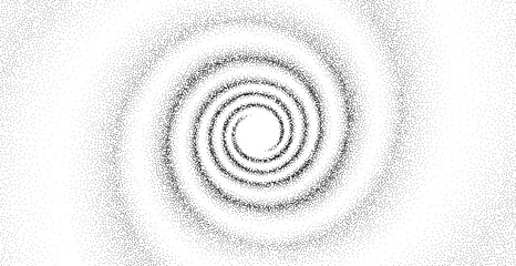 Grainy gradient spiral flow background. Vector gritty vortex with optical illusion. Tunnel with black stipple texture effect. Swirl of gritty pattern made by black particles with stipple effect.
