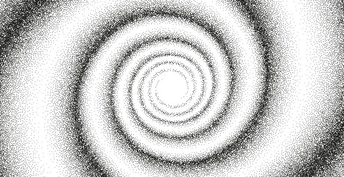 A dotted grainy gradient vortex flow. Vector gritty spirals with optical illusion. Tunnel with black stipple texture effect. Swirl of gritty pattern made by black points, particles with stipple effect