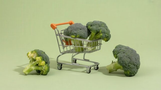 Miniature metal shopping cart holds fresh broccoli florets against a pale green background