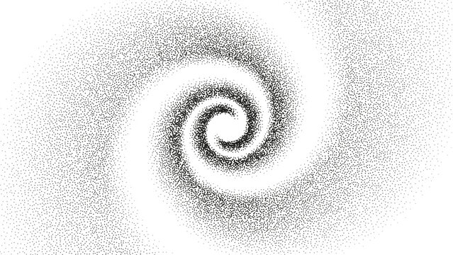 A dotted grainy gradient spiral flow. Vector gritty vortex with optical illusion. Tunnel with black stipple texture effect. Swirl of gritty pattern made by black dots or particles with stipple effect.