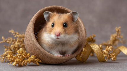 Captivating Hamster in a Cozy Bowl Surrounded by Glittering Decorations - A Heartwarming Portrait of Pet Love and Joy
