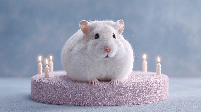 Adorable Birthday Celebration for a Hamster: A Delightful Cake and Candles Create a Heartwarming Scene of Joy and Festivity in This Charming Animal Portrait - Powered by Adobe