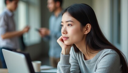 Thoughtful woman gazing out the window in a modern workspace