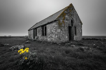 Abandoned Stone Cottage in Gray Landscape
