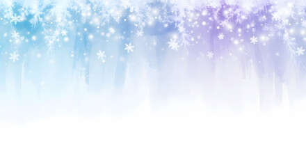Abstract watercolor background with winter foliage border and sparkling snow in blue and purple tones