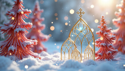 Golden decorative arch in a snowy landscape surrounded by pinkish trees, creating a magical winter scene