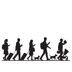 Obraz premium Diverse group of people walking with luggage dogs and a stroller while using mobile phones portraying modern travel