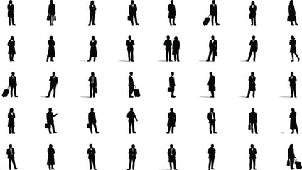 Business men and women silhouettes standing with briefcases and luggage, professional people poses, corporate workforce, leadership, career and success concept