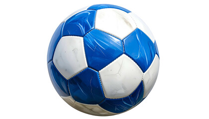 Obraz premium A worn, blue and white soccer ball isolated on a black background, with visible wear