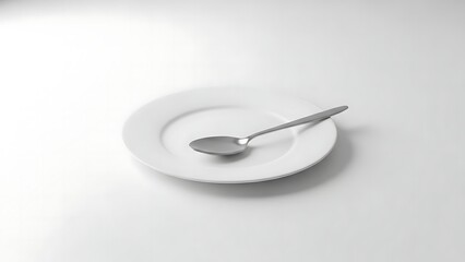 A Simple Plate and Spoon: The image shows the sleek elegance of everyday tableware, a white plate paired with a single, shiny spoon, set against a pristine backdrop.