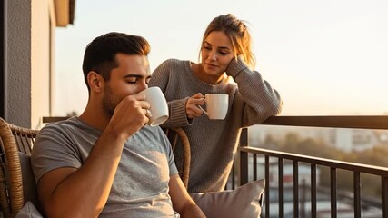 Couple enjoying coffee on balcony at sunrise.