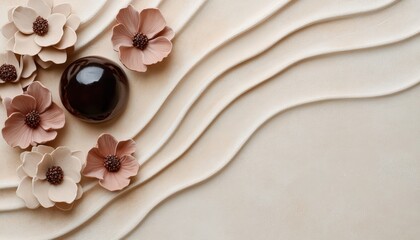 Delicate sculpted flowers and a dark polished sphere rest upon a rippled beige surface