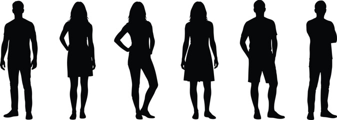 Casual men and women standing silhouettes in relaxed poses isolated on white background for lifestyle fashion diversity and modern people concept