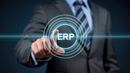 Businessman activates digital enterprise resource planning system interface with his finger