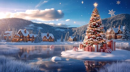 Magical Christmas Village by the Frozen Lake