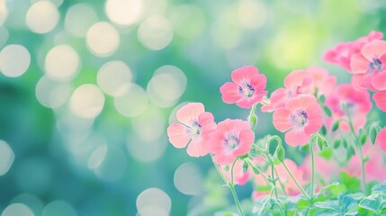 Delicate pink flowers in a soft, dreamy garden setting.
