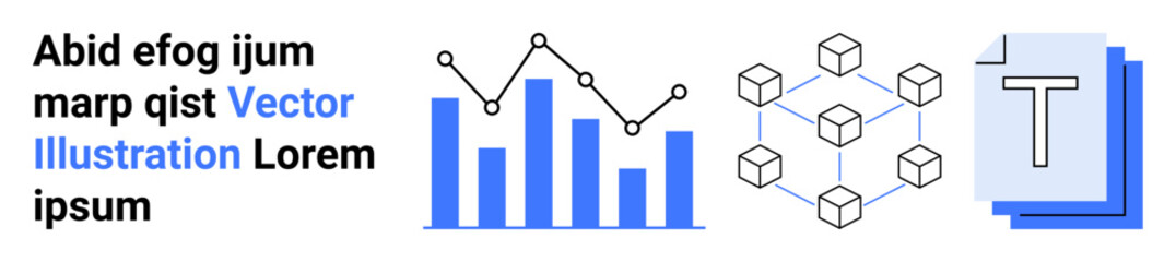 Data analysis, blockchain, digital documents, technology workflows, education, business solutions. Bar graph, blockchain cubes and document symbol in blue tones. Data analysis and blockchain