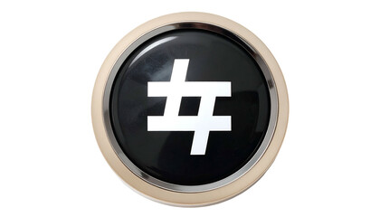 Fototapeta premium Shiny circular button features a white hashtag symbol on a black glossy surface, framed by gold