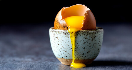 Golden Yolk Spilling from Cracked Egg in Rustic Cup