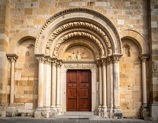 Ornate entrance to a stone building with carved arches and wooden doors